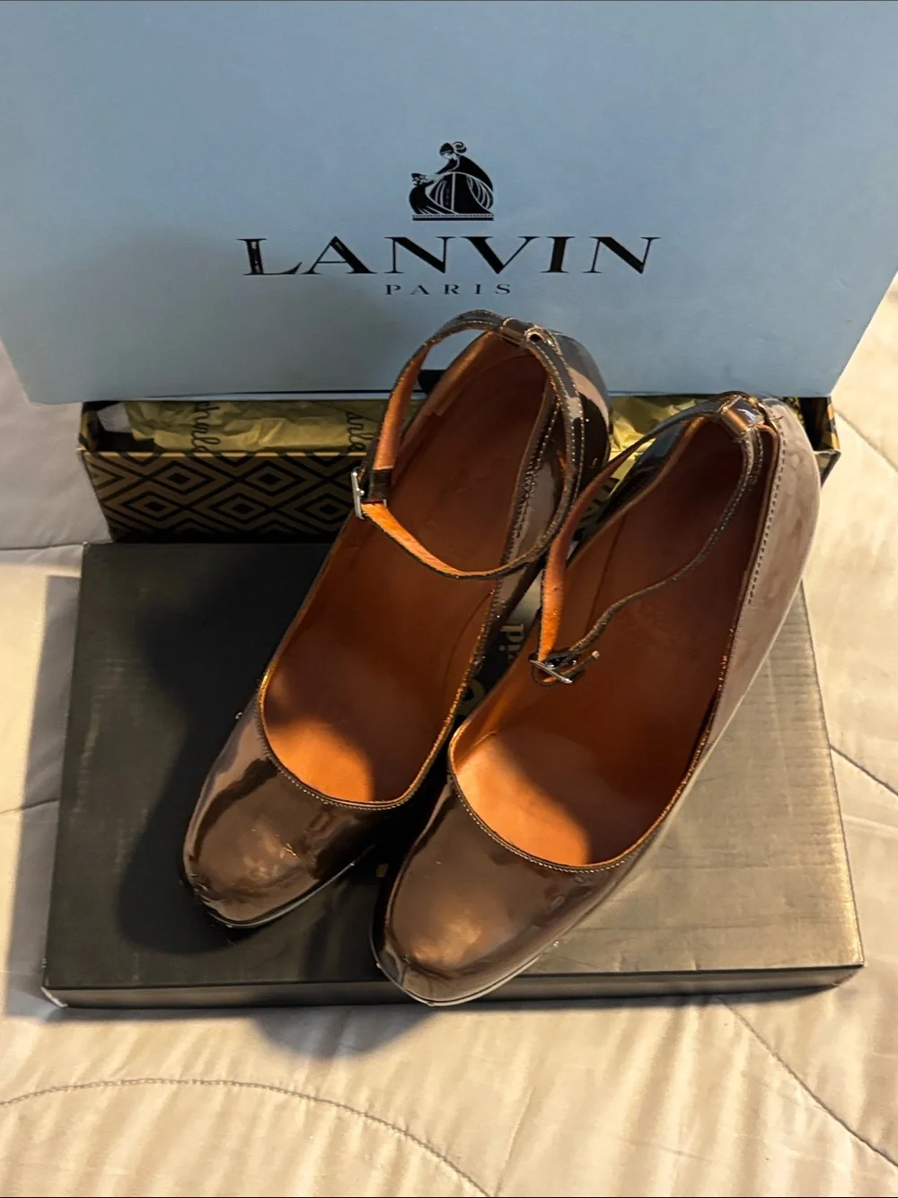Lanvin Bronze Ankle Strap Pump w/original box, wrapping and 2 Cream Dust Bags